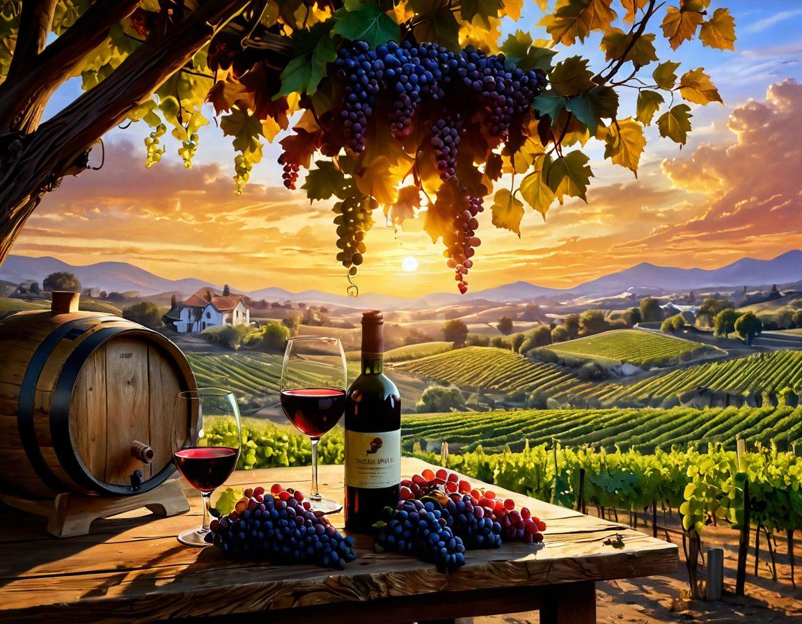 An exquisite vineyard at sunset, with lush grapevines heavy with ripe grapes in the foreground. In the background, a rustic wooden winery with barrels and wine bottles displayed. A glass of red wine catching the golden light on a wooden table, symbolizing the journey from grape to glass. Enhance with swirling wisps of aromatic steam rising from the wine. Painting, vibrant colors, natural lighting.