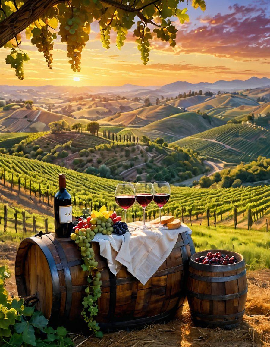 A warm vineyard scene at sunset, showcasing lush grapevines laden with ripe grapes, with a happy couple clinking glasses of wine amidst rolling hills. Include a wooden wine barrel and a rustic picnic setup in the foreground, symbolizing joy and togetherness. Vibrant colors. Impressionist style.